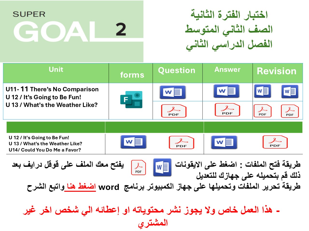 اختبار الفترة الثانية منهج Super Goal 2 الوحدات 11-12-13 أو  12-13-14 الفصل الدراسي الثاني + المراجعة 